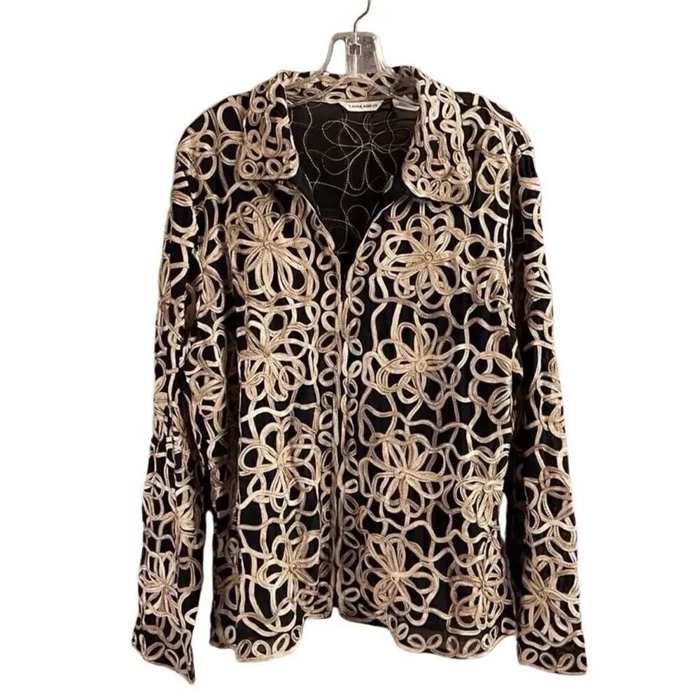 Laura Ashley Ladies Semi Sheer Textures Zip Up Cardigan Jacket Sz XL Black Gold